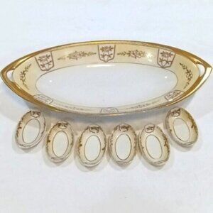 Antique Noritake Porcelain Sushi Serving Dish & Six Matching Sauce Dips/Cellars